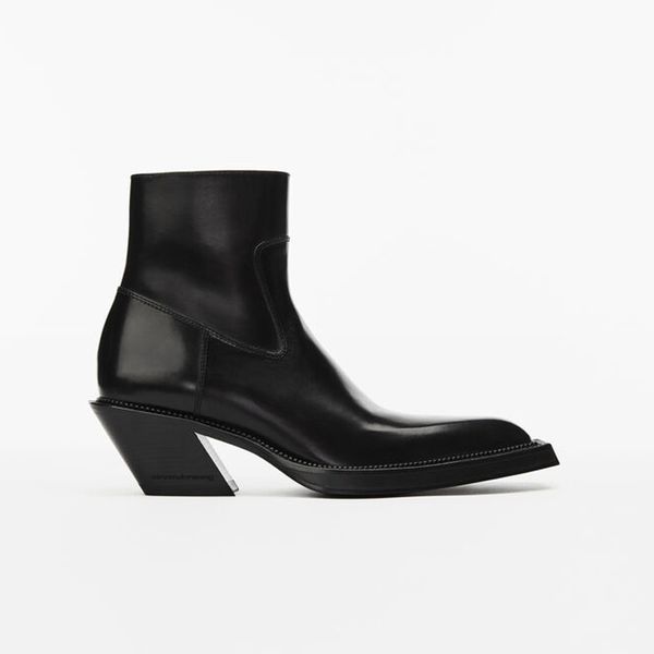 

donovan leather riding boots modern western with diagonal heel and pointed toe made of semi-polished, Black
