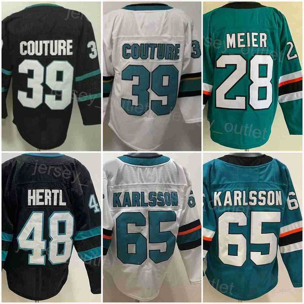 

men blank hockey 65 erik karlsson jersey 28 timo meier 39 logan couture 48 tomas hertl reverse retro team black green white color all'&, Black;red