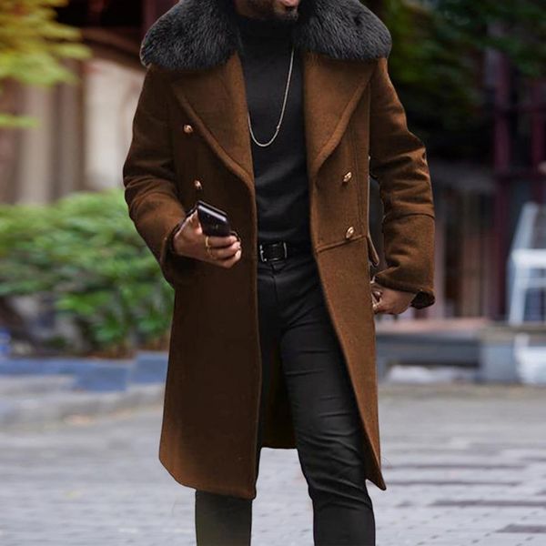 

men's wool blends fashion men coats autumn winter british large size streetwear overcoat fur collar coat male woolen coat outwear cardi, Black
