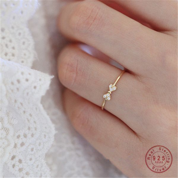

925 sterling silver 14k gold plated ring japanese exquisite micro inlay zircon bow ring foe women party jewelry, Golden;silver