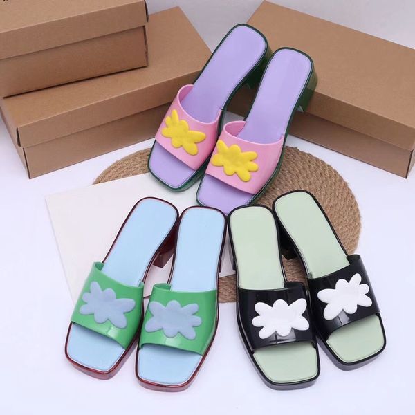 

new slippers luxury designer sandals summer flowers candy-colored heels transparent outsole rubber jelly shoes square toe flip-flops outdoor, Black