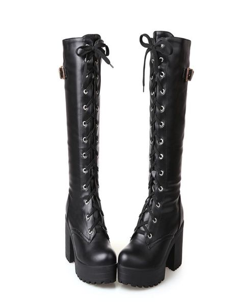 

gothic square chunky block high heels riding boots women lace up thick platform rock punk cosplay knee high boots shoes8857069, Black