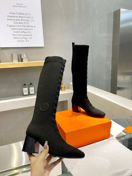 

2022 designer luxury volver boot women ankle knee boots socks elastic boot chunky heel winter autumn fashion shoes size 35-42, Black