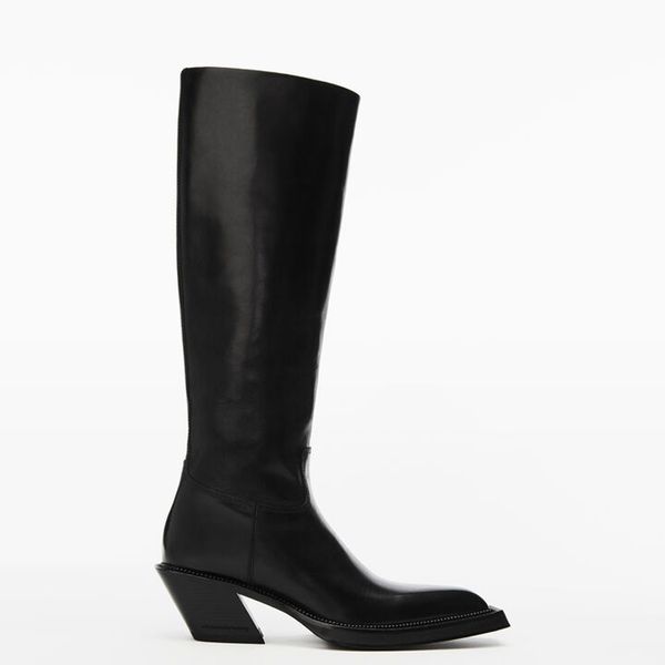 

donovan leather riding square point boots modern western with diagonal heel and pointed toe made of semi-polished, Black