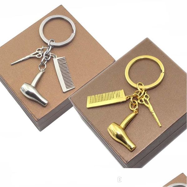 

key rings hair dryer scissor comb keychain pendants key rings jewelry cosmetologist dresser bag hangs gift drop delivery dhmpe, Slivery;golden