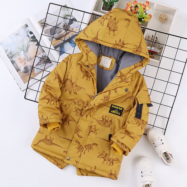 

down coat autumn winter cartoon parkas for kids fashion dinosaur pattern hooded coat boys plus fur thicken warm outwear 221125, Blue;gray