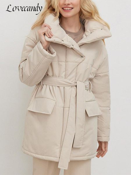 

women's down parkas women winter loose thicken quilted jacket vintage belted outwear parkas coat elegant office ladies warm cotton puff, Black