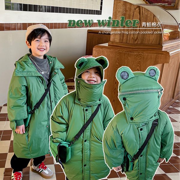 

down coat children's cotton padded clothes winter thickened cartoon frog down cotton padded clothes boys' medium long coat 1155 22, Blue;gray