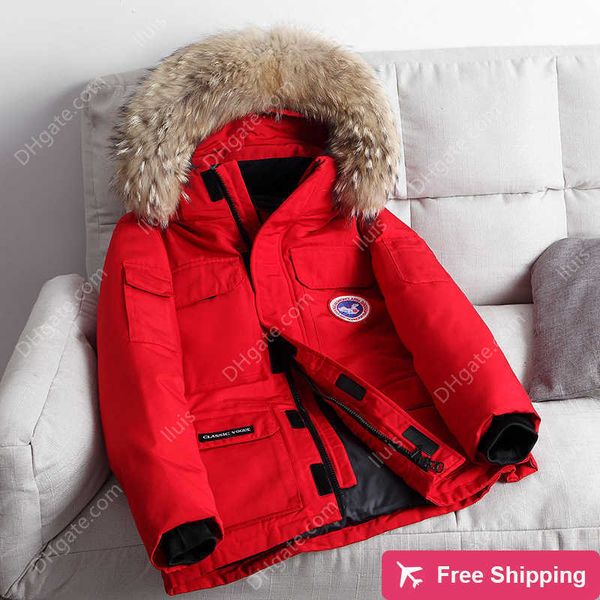 

designer hooded short winter fashion men's workwear silhouette thickened low down coat, Black