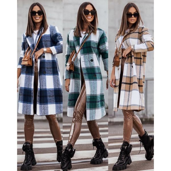 

women's wool blends autumn wool blend women's midi coat plaid trench jacket pocket fashion coats female winter elegant ladies oute, Black