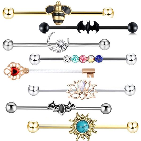 

8 barbell piercing ring nose ears brow body lift nipple tongue lips belly button jewelry 14g external thread long rod piercing diamond rings, Slivery;golden