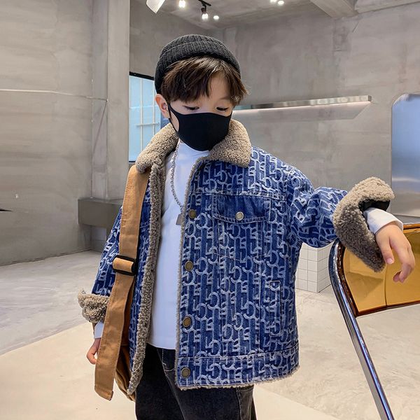 

jackets fleece thickened coat for boys letter print fashion casual winter korean denim warm jacket children's clothing 414 yrs 221125, Blue;gray