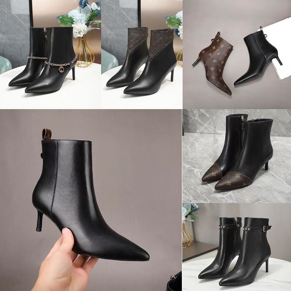 

2022 womens designer luxury pointed martin boots genuine leather metal letter buckle zipper boots wine glass shape stiletto heels ankle low, Black
