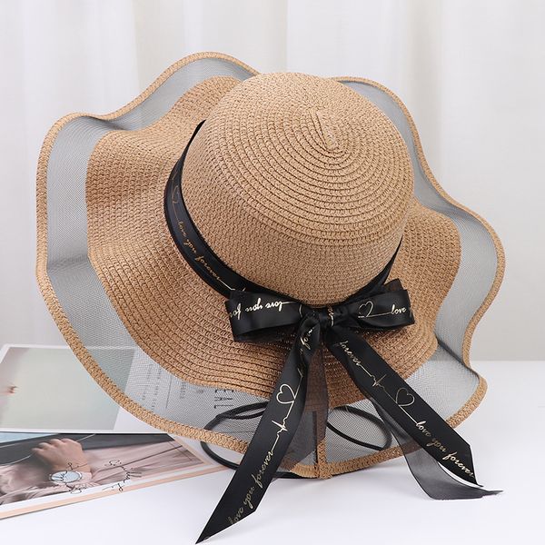 

big brim bow ribbon beach hat for women outdoor sunshade in summer fashion dome grass hat wholesale trend, Black;white
