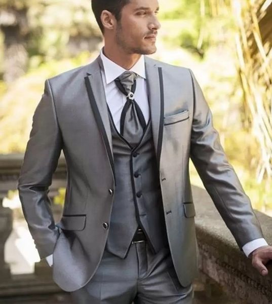 

slim fit silver grey groom tuxedos notch lapel two button groomsmen mens wedding tuxedos excellent man 3 piece suit jacket pants vest, Black;gray