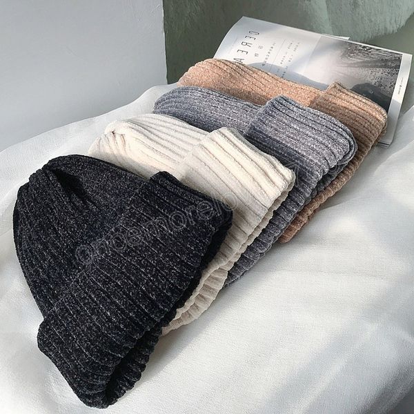 

solid color chenille knitted beanies winter warm snow soft comfortable skullies beanies cap men women outdoor leisure hat, Blue;gray