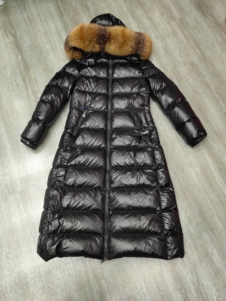 

womens fur collar down jacket mid-length slim puffer jackets epaulette decoration white duck down filling outerwear designer, Black