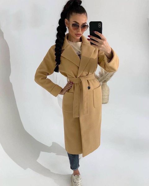 

women's wool blends spring women's trench coat black long sleeve lace up coats female elegant autumn fashion casual outerwear ladi