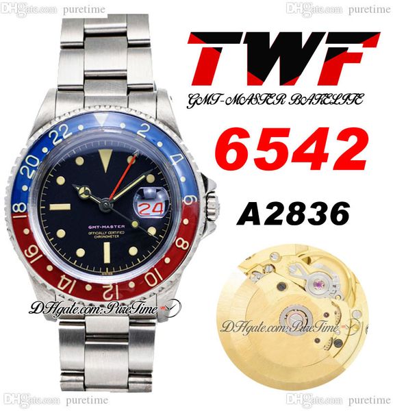 

twf 6542 vintage gmt a2836 automatic mens watch 38mm pepsi bezel black stick dial red calendar oystersteel stainless steel bracelet super ed, Slivery;brown