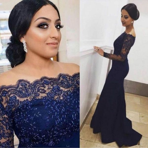 

navy blue off the shoulder long sleeves mermaid evening dress zipper formal party gown, Black;red