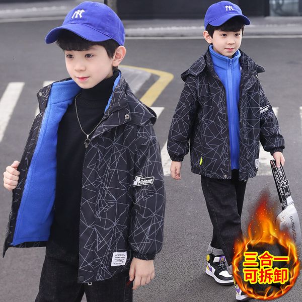 

jackets boys clothes winter hooded coat fashion casual print plush children's clothing for teens removable thick warm jacket 414 y 221, Blue;gray
