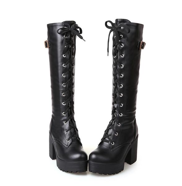

gothic square chunky block high heels riding boots women lace up thick platform rock punk cosplay knee high boots shoes4161175, Black