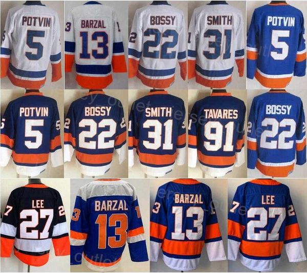 

men ice hockey 13 mathew barzal jersey 27 anders lee 22 mike bossy 31 billy smith 91 john tavares 5 denis potvin navy blue white team color&, Black;red