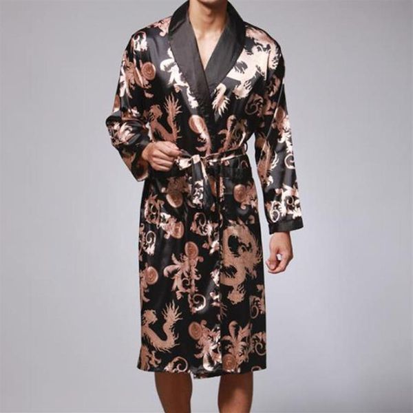 

men's sleepwear plus size mens bathrobe silk kimono long sleeve robes dressing gown print satin pajamas men night peignoir ho292j, Black;brown