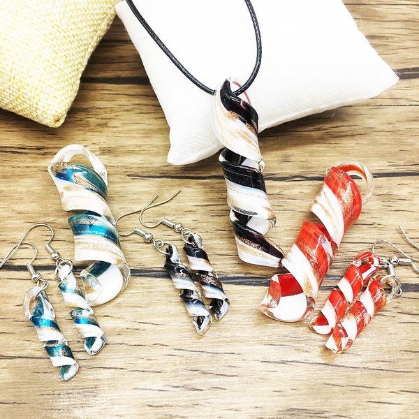 

3 sets murano glass screw pendant necklace earrings for women chinese style handmade blue red black whirlwind, Silver