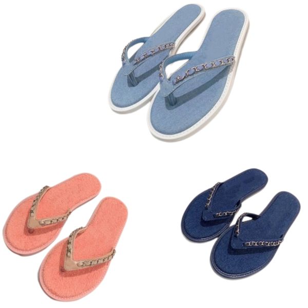 

women designer slippers outdoor classic brand flip flops metal chain beach shoes designer denim luxury summer letter rubber solid pink blue, Black