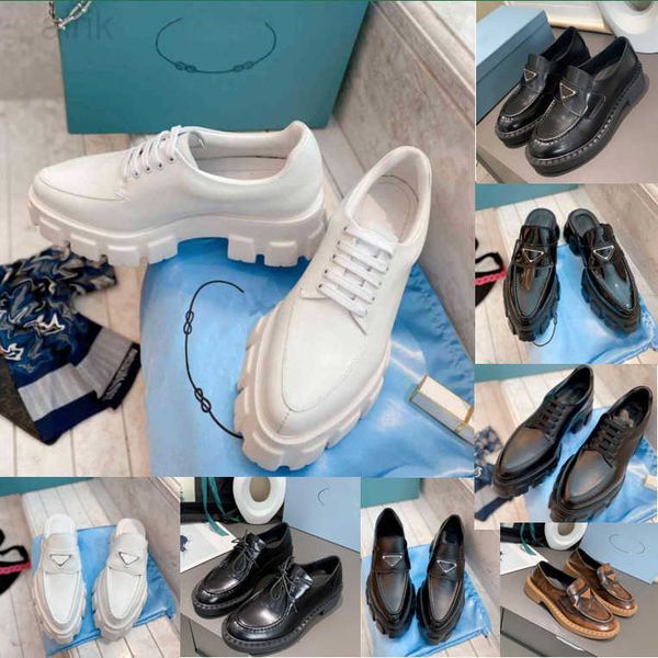 

soft cowhide sneakers platform loafers designer shoes p triangle rubber black shiny leather chunky round head sneaker thick bottom shoe with