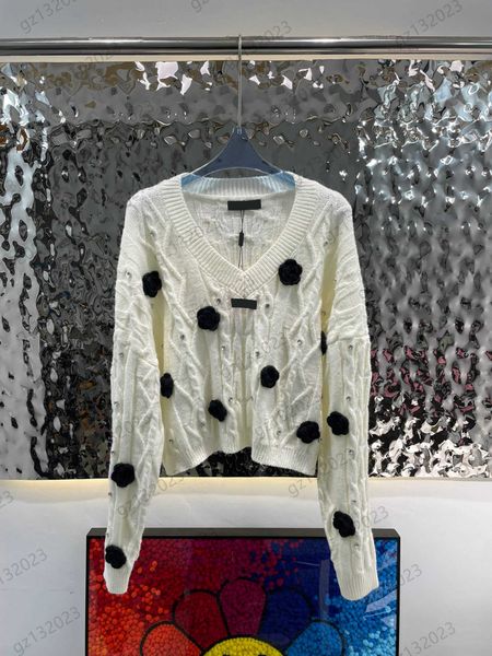 

womens sweater contrasting colors three dimensional flower ornament pullover short knit sweaters v-neck twist stripes diamond-embellished kn, White;black