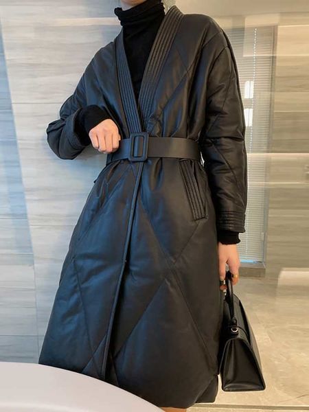 

women's down parkas black pu leather parkas women winter warm long down cotton jacktes female luxury tie waist coats ladies solid thick