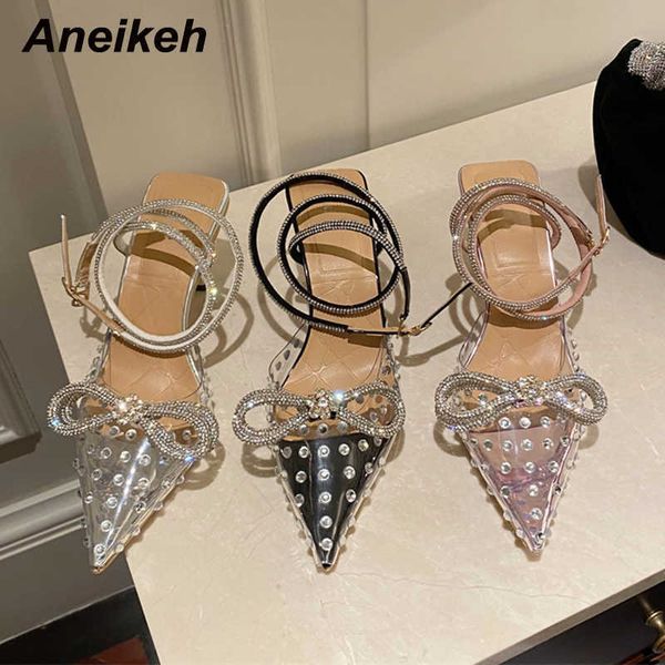 

dress shoes slippers aneikeh elegant thin high heel party pointed toe pvc dots rhinestone decoration ankle buckle crystal bordered sandals 2, Black