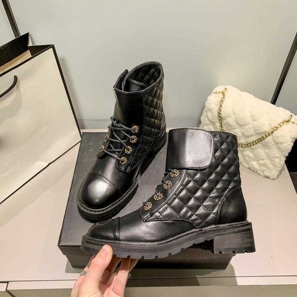 

boots autumn and winter 2022 new small fragrance leather thick soled diamond lattice women's round head british style lace up tricolor, Black