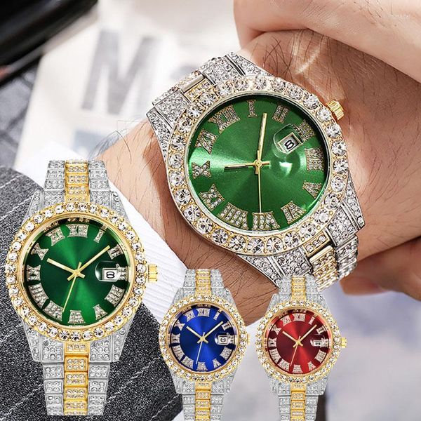 

wristwatches iced out watch men full diamond mens watches cz quartz men's waterproof hip hop male clock gift for, Slivery;golden