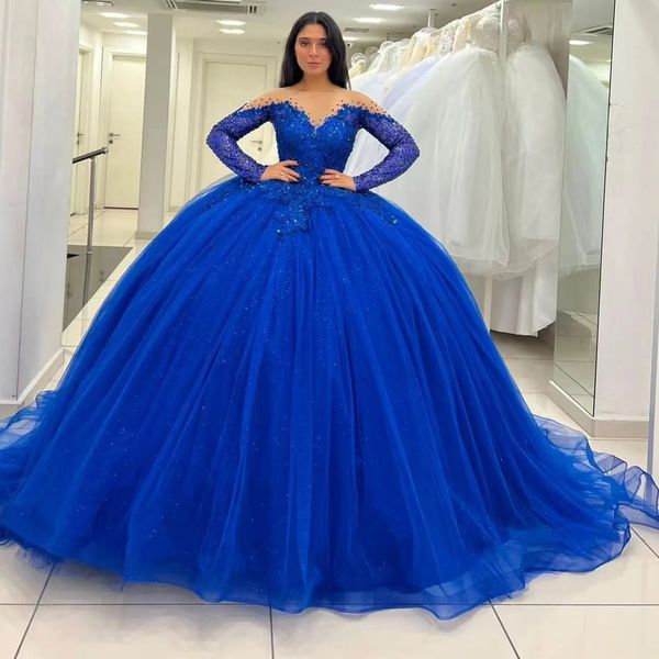 

royal blue quinceanera dress sequined beads appliques long sleeve princess ball gowns 15 birthday prom dress vestidos de fiesta, Blue;red