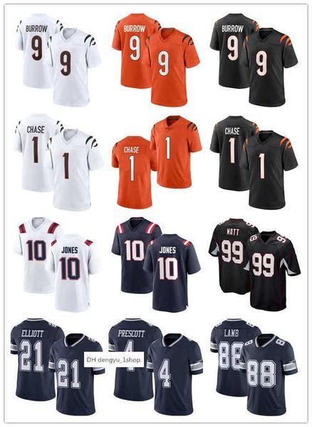 

10 mac jones jersey men women youth 9 joe burrow 1 ja'marr chase 88 ceedee lamb 4 dak prescott 21 ezekiel elliott 99 j.j. watt football, Black;red