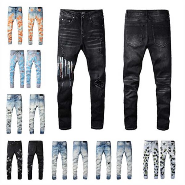 

men's pant jeans designer jeans mens denim embroidery pants fashion holes trouser us size 28-40 hip hop distressed zipper trousers for, Blue