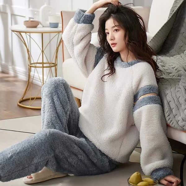 

women's sleepwear -4xl coral velvet pajamas sets women winter thick warm flannel round neck loose pyjamas suit home clothing 221124, Black;red