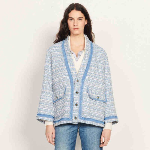 

women's sweaters spring design light blue tweed colour block knitted cardigan pr3d, White;black