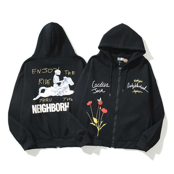 

men's hoodies sweatshirts designer high street skull rose letter print zipper sweater hooded fashion oversize hoodie for men and wome, Black