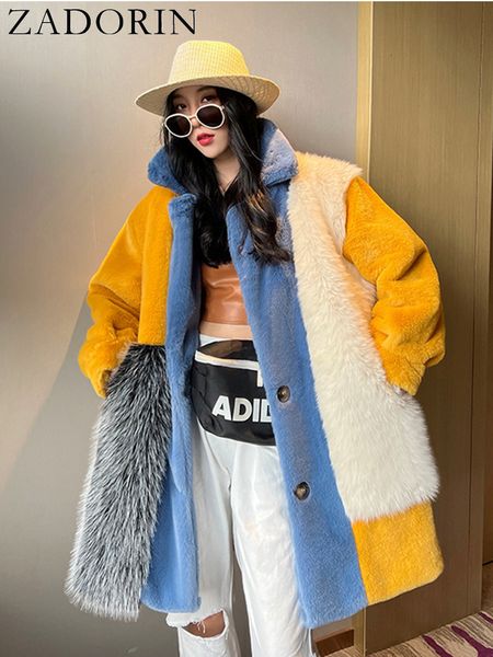 

women's fur faux zadorin winter jackets for ry warm splicing contrast color blue coat long jacket cardigan 221124, Black