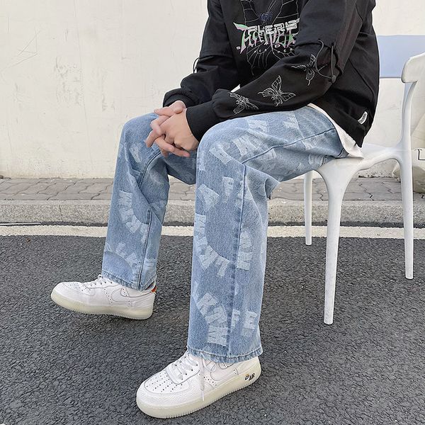 

men's jeans jacquard blue mens loose straight leg long pants streetwear baggy denim clothing graphic 221124