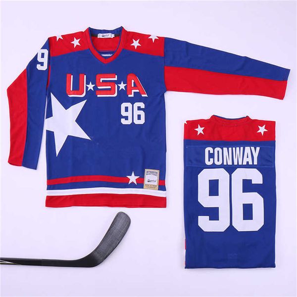 

team usa 96 charlie conway mighty ducks movie hockey jersey college home all stitched color blue university pure cotton good quality'&#, Black