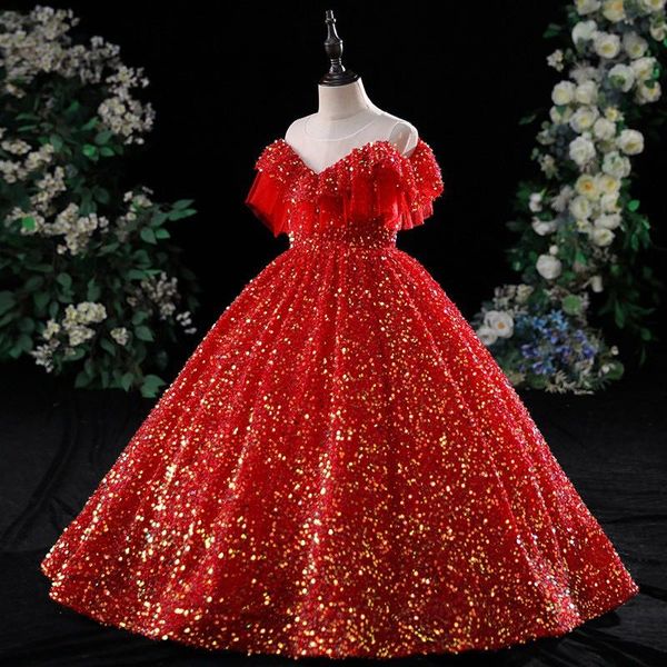 

2023 gold crystal flower girls dress pageant dresses red sequined ball gown beaded toddler infant clothes little kids birthday christmas gow, White;blue