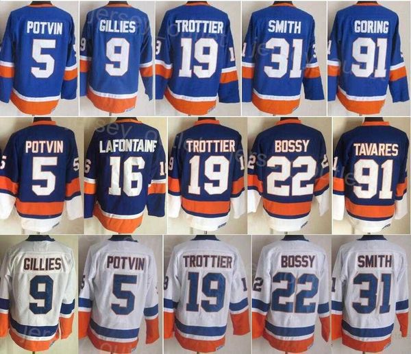 

retro hockey 22 mike bossy jersey vintage 5 denis potvin 9 clark gillies 19 bryan trottier 31 billy smith 16 pat lafontaine 32 steve thomas&, Black;red