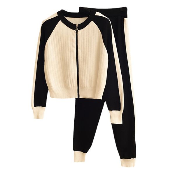 

women's tracksuits sweaters western style zipper cardigan long sleeve round neck color contrast suit two-piece pants reducing jacquard, Gray