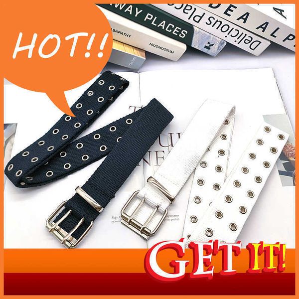 

fashion design belt punk ins style perforated hole double vent canvas fashionable trend with jeans skirt waist slim belts for women, Black;brown