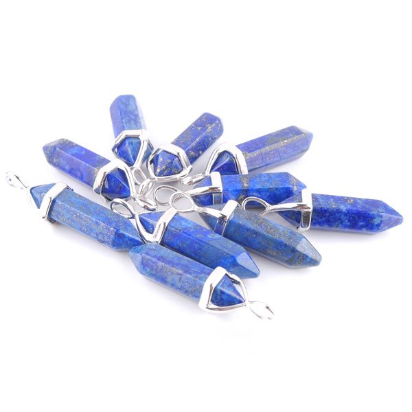

natural healing hexagonal column chakra gems pendant bead lapis lazuli stone for necklace diy 10pcs n3037, Silver
